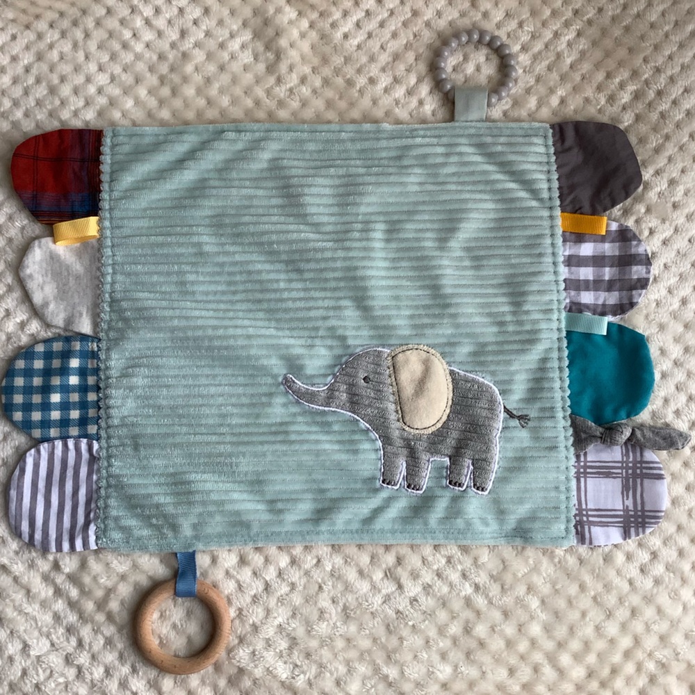 Modern Baby Corduroy Elephant Lovey Crinkle and Teething Rings Security Blanket